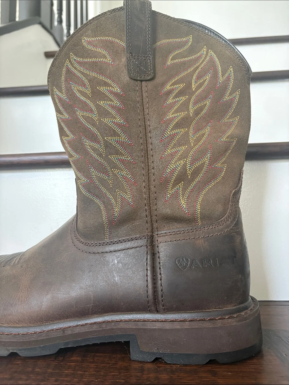 Ariat Brown Leather Western Work Boots with Multi-Color Stitching